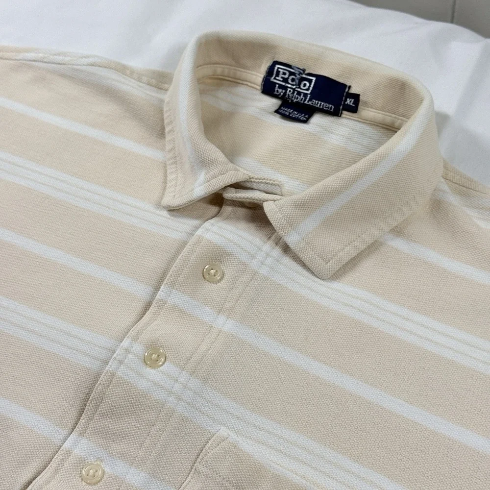 Vintage Polo Ralph Lauren Stripe Polo Shirt Mens XL Pocket USA Beige Cotton